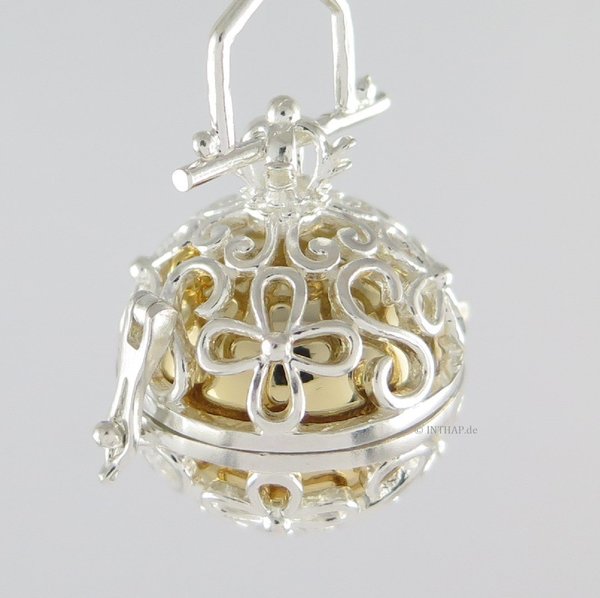 925 Silber - Elfenrufer mit Blütenmuster - Klangkugel - gold glänzend