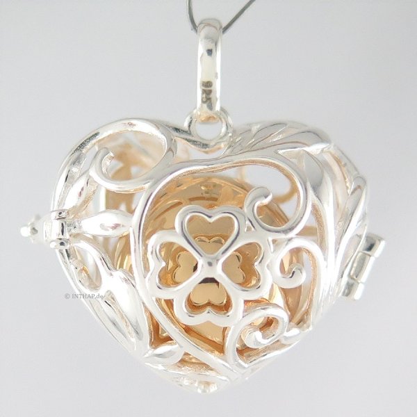 925 Silber Herz mit Kleeblatt Klangkugel Amulett - gold glänzend