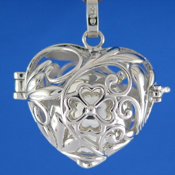 925 Silber Herz mit Kleeblatt Klangkugel Anhänger zum Öffnen - silber