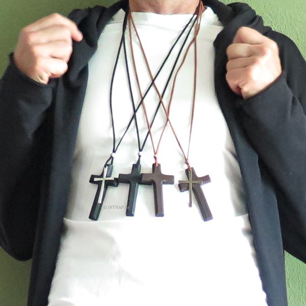 Lederkette mit Kreuz - lange Halskette Holzkreuz