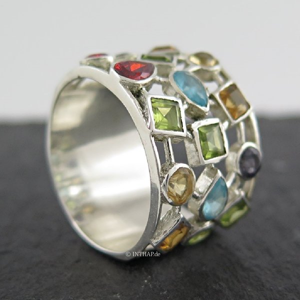 925 Sterling Silber Ring - breiter Bandring, multicolor Silberring